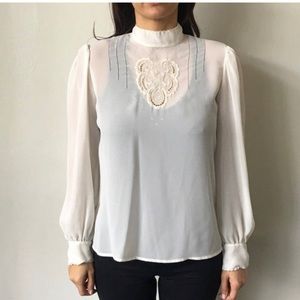 Vintage Floral Embroidered MockNeck Long Sleeve Victorian Edwardian White Blouse